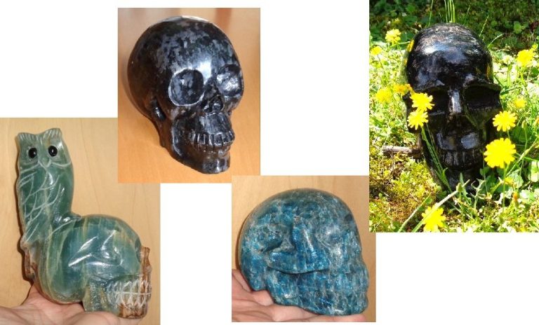 Blauer Onyx Kristallschädel mit Eule Anthophyllit 3 kg Astrophyllit Apatit 700 g